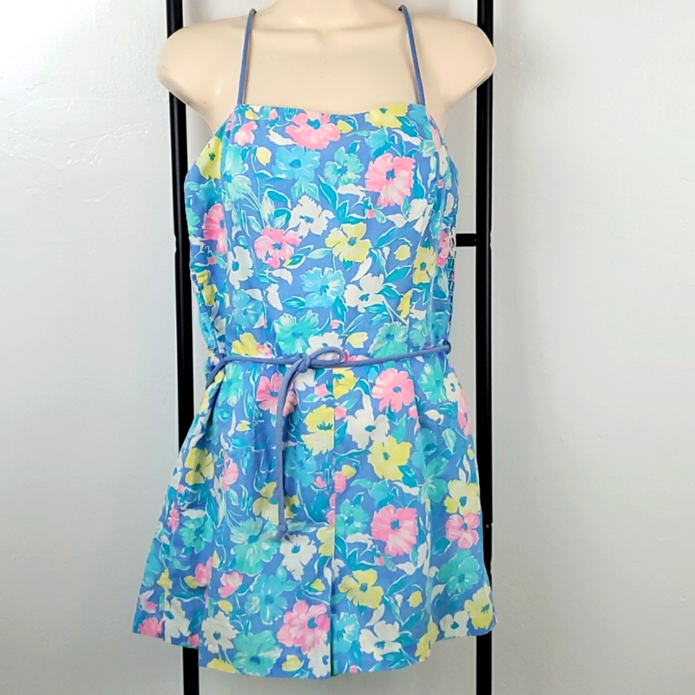 Vintage 60s Sea Waves Floral Swim Romper Playsuit Made in USA Back Zip Size 10